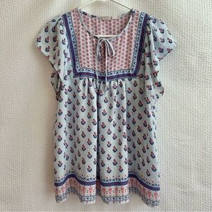 GAP Women's Floral Blue Red Patterned Short Sleeve Blouse Size: Medium